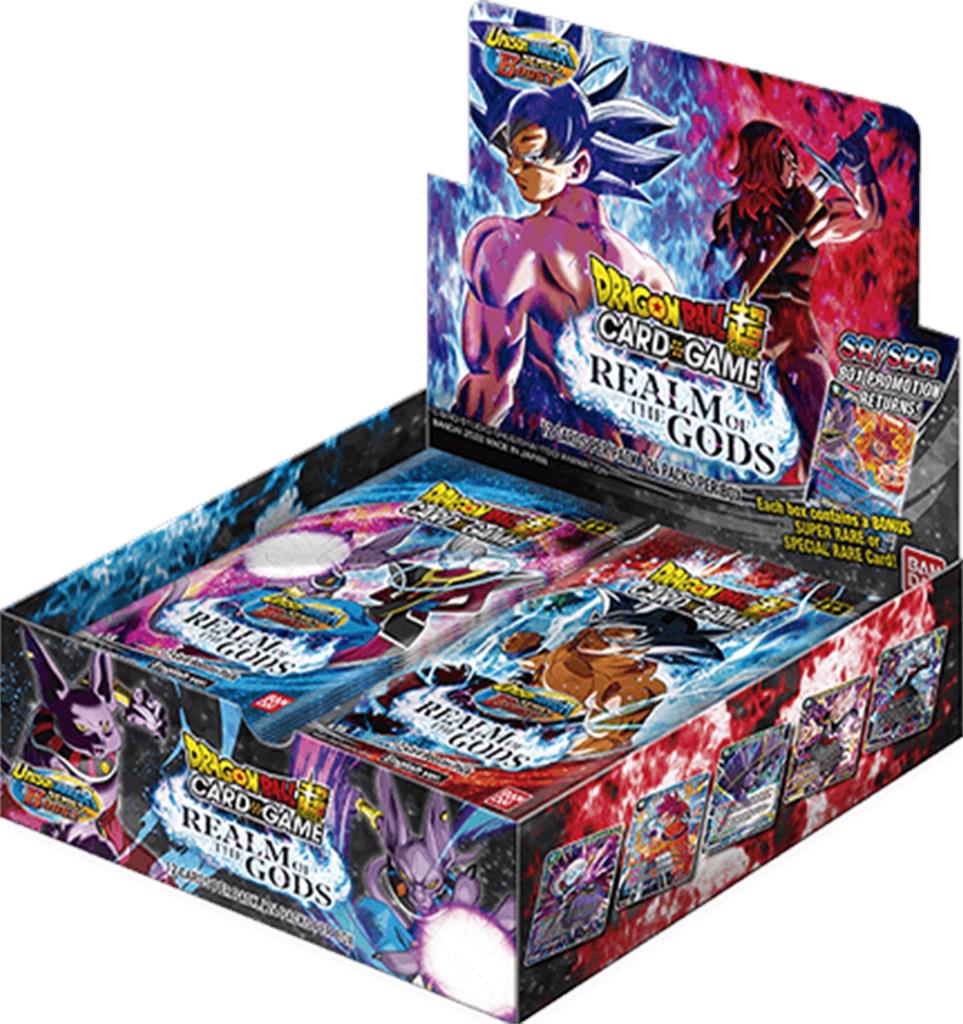 booster box of DBZ realm of the gods. Blue and red box with Super God Goku on the front
