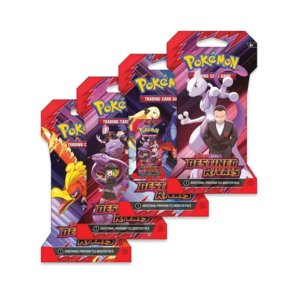 4 pokemon tcg destined rivals booster packs with assorted pokemon on the front