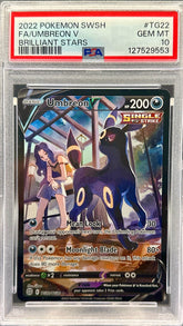 Pokémon trading card featuring Umbreon in a protective case with a PSA grading label. Umbreon TG22 PSA 10