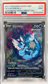 Pokémon trading card featuring Vaporeon with PSA grading information on a red border. Vaporeon #181 PSA 9