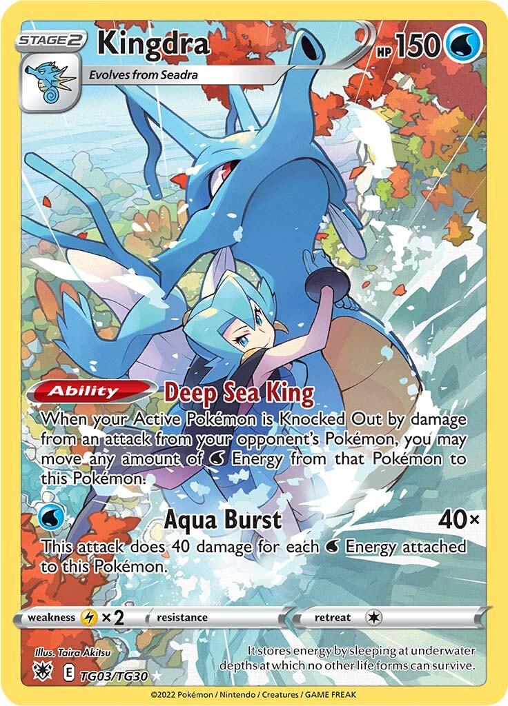Pokémon trading card featuring Kingdra with detailed artwork and text.