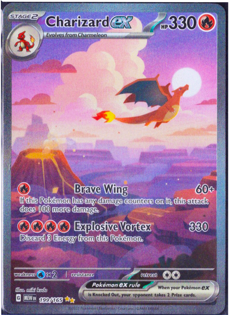 Pokémon trading card featuring Charizard EX with a volcanic landscape background