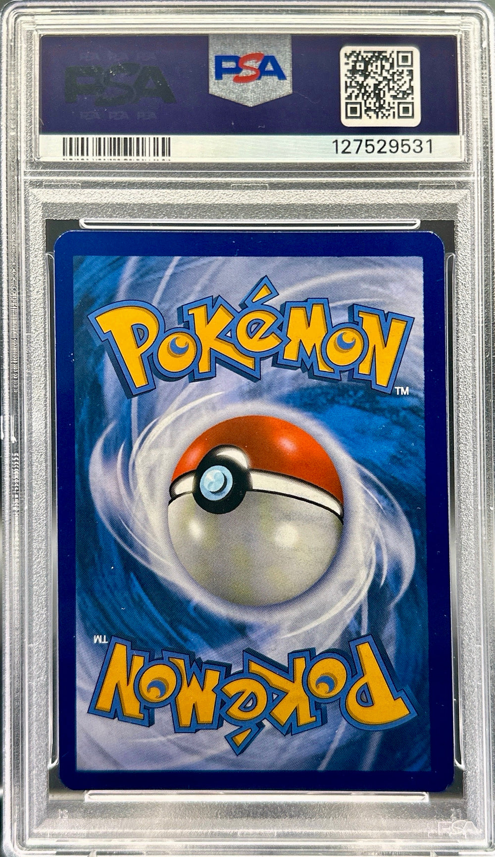 Pokémon trading card in a protective case with a PSA logo above it