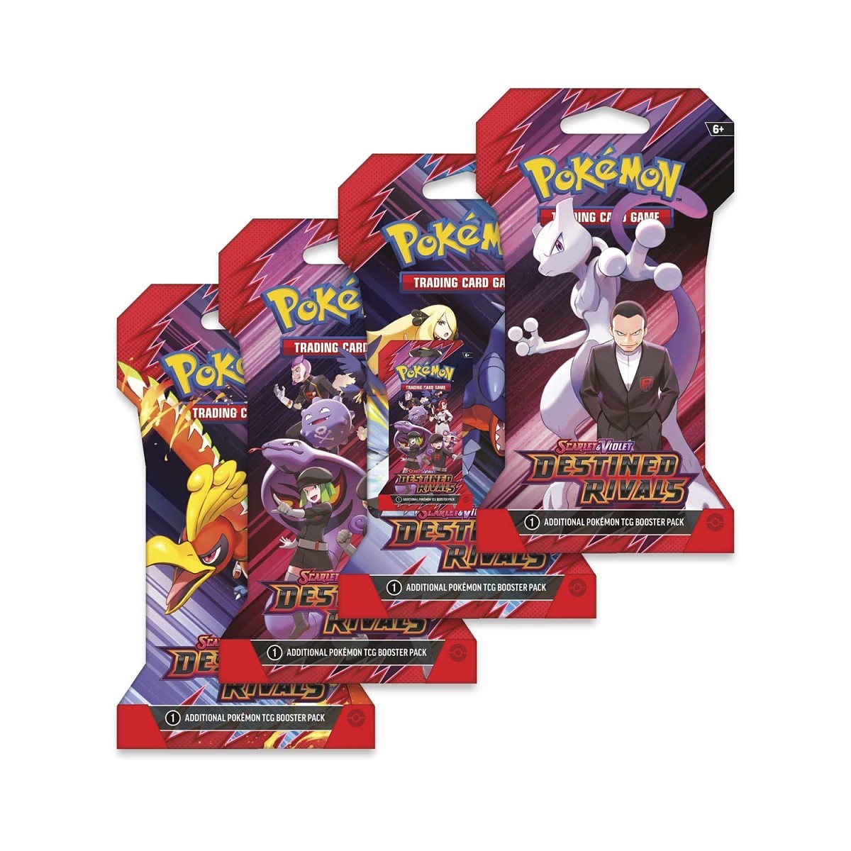 4 pokemon tcg destined rivals booster packs with assorted pokemon on the front