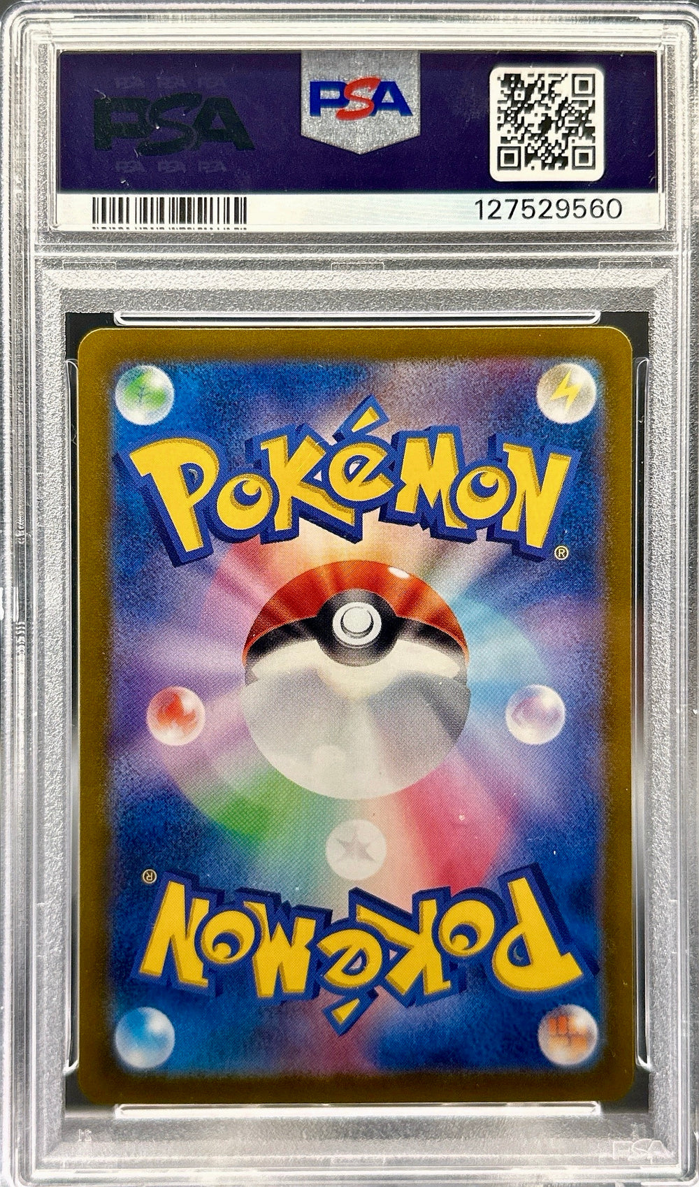 back of Pokémon trading card in a protective frame with PSA grading label