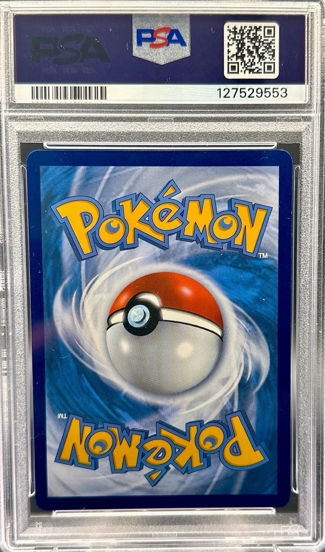 Pokémon trading card in a PSA protective case with a blue border