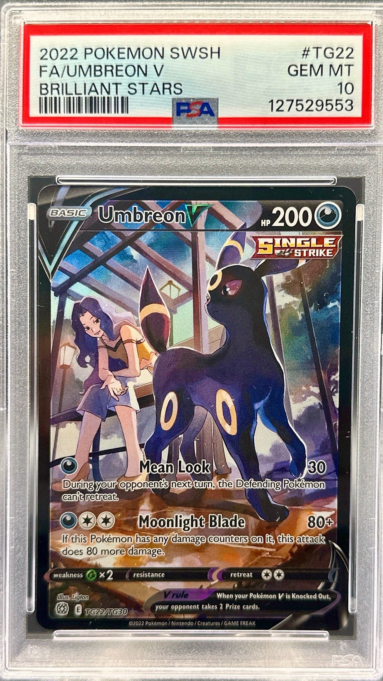 Pokémon trading card featuring Umbreon in a protective case with a PSA grading label. Umbreon TG22 PSA 10