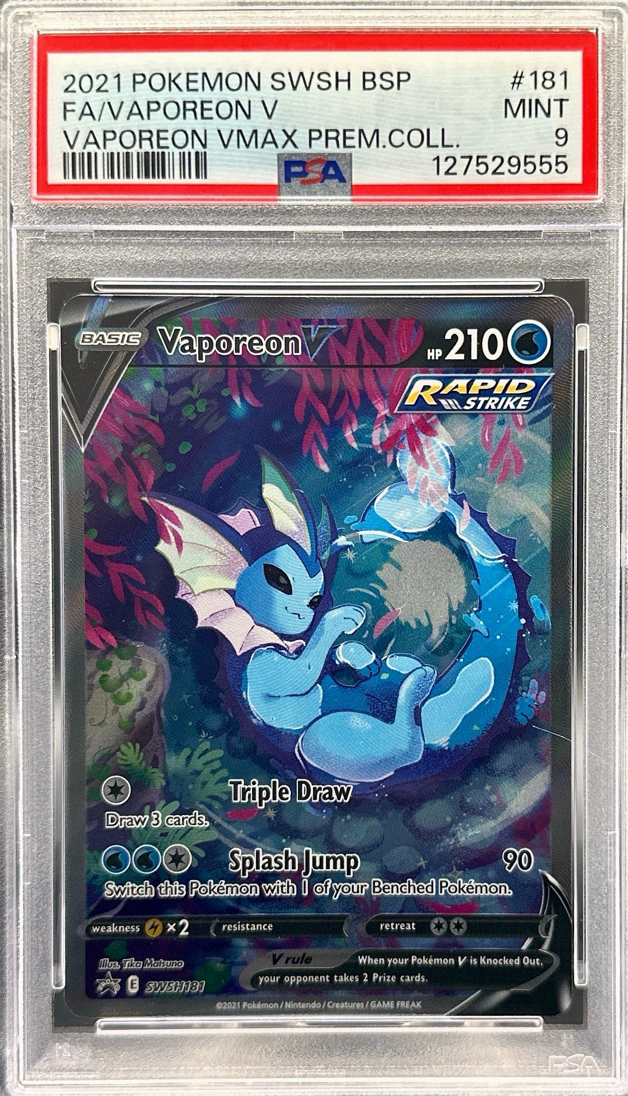 Pokémon trading card featuring Vaporeon with PSA grading information on a red border. Vaporeon #181 PSA 9