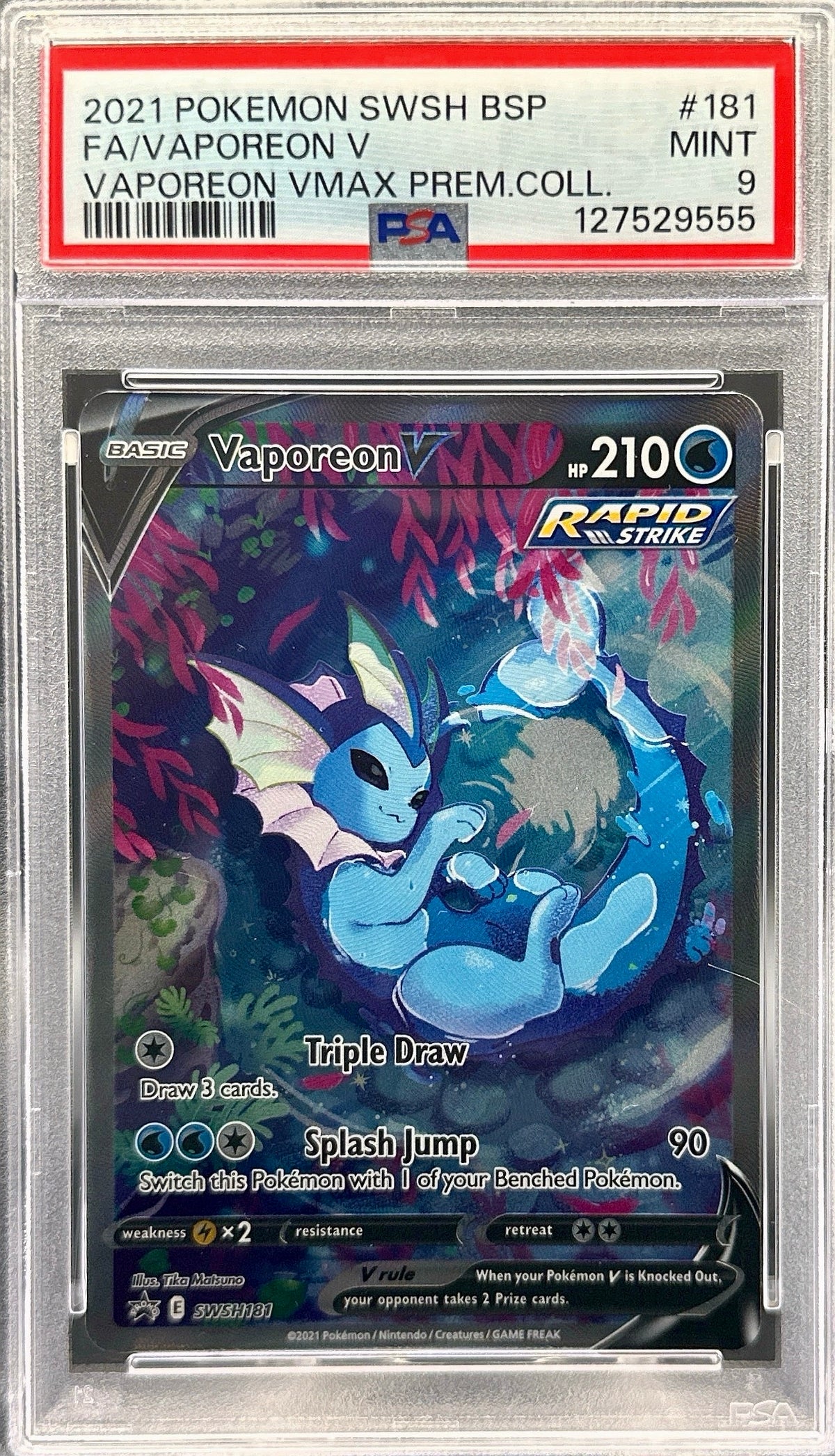 Pokémon trading card featuring Vaporeon with PSA grading information on a red border. Vaporeon #181 PSA 9