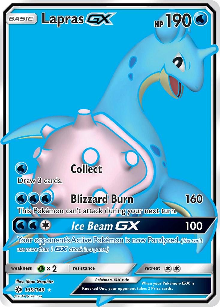 Pokémon trading card featuring Lapras GX with blue and pink design on a blue background