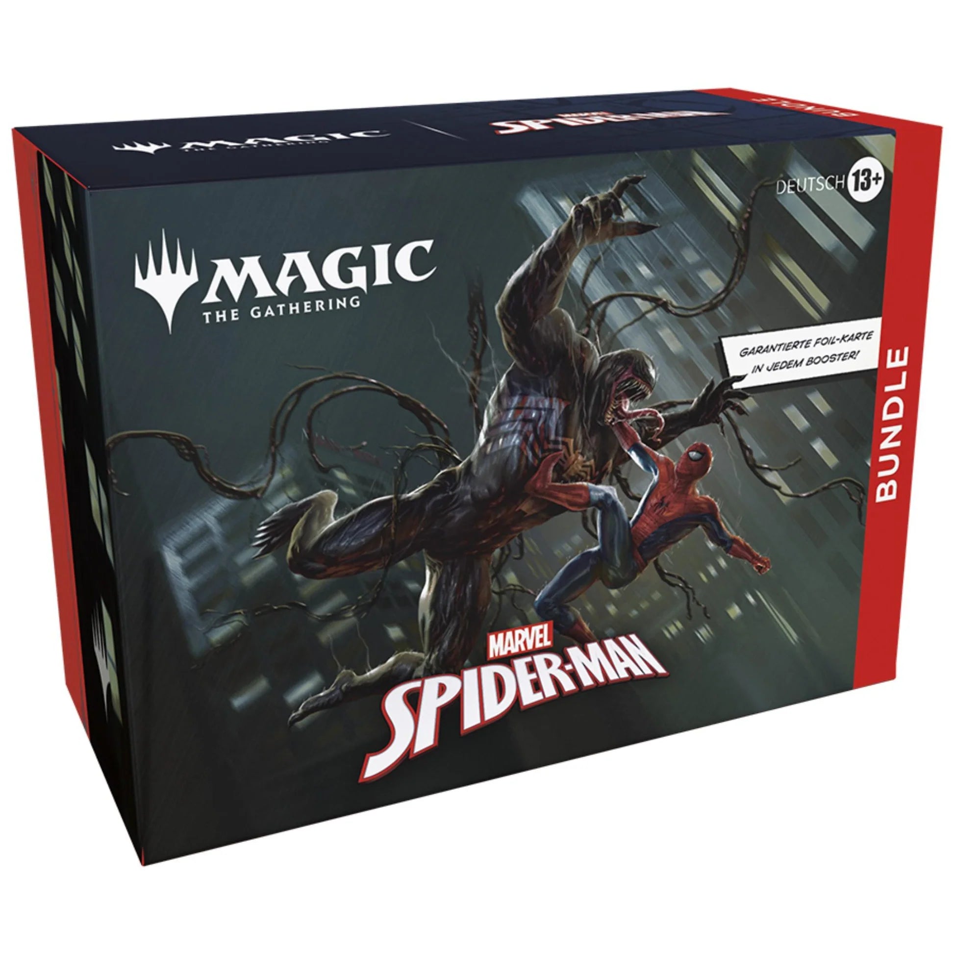 magic the gather spider-man bundle pack with a photo of spider-man and venom fighting in the dark