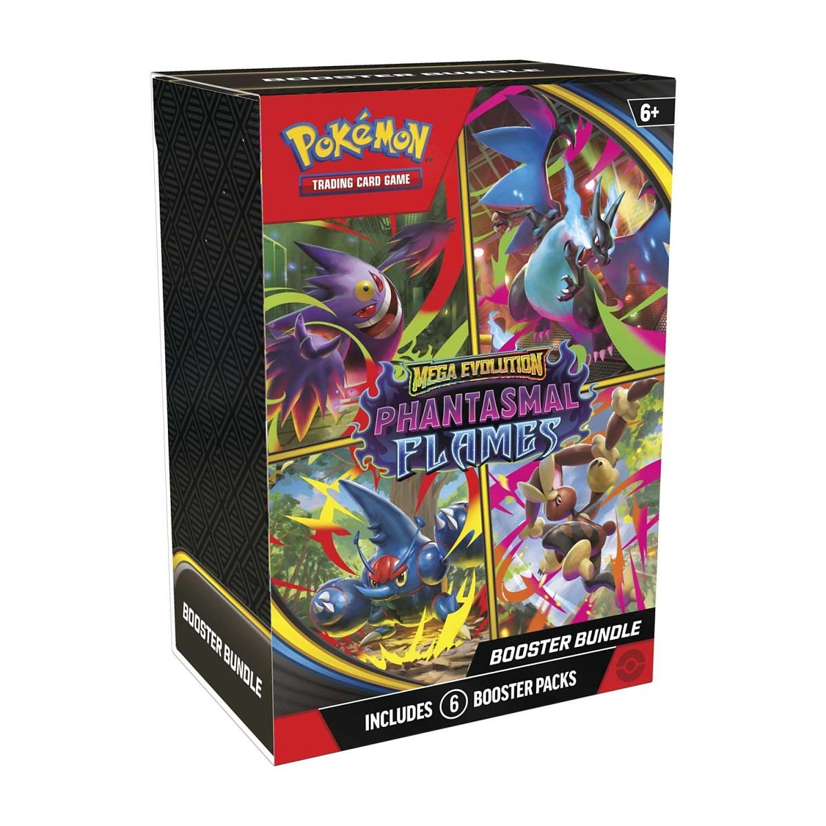 Pokémon trading card mega evolutions phantasmal flame game booster bundle packaging with colorful illustrations on a white background