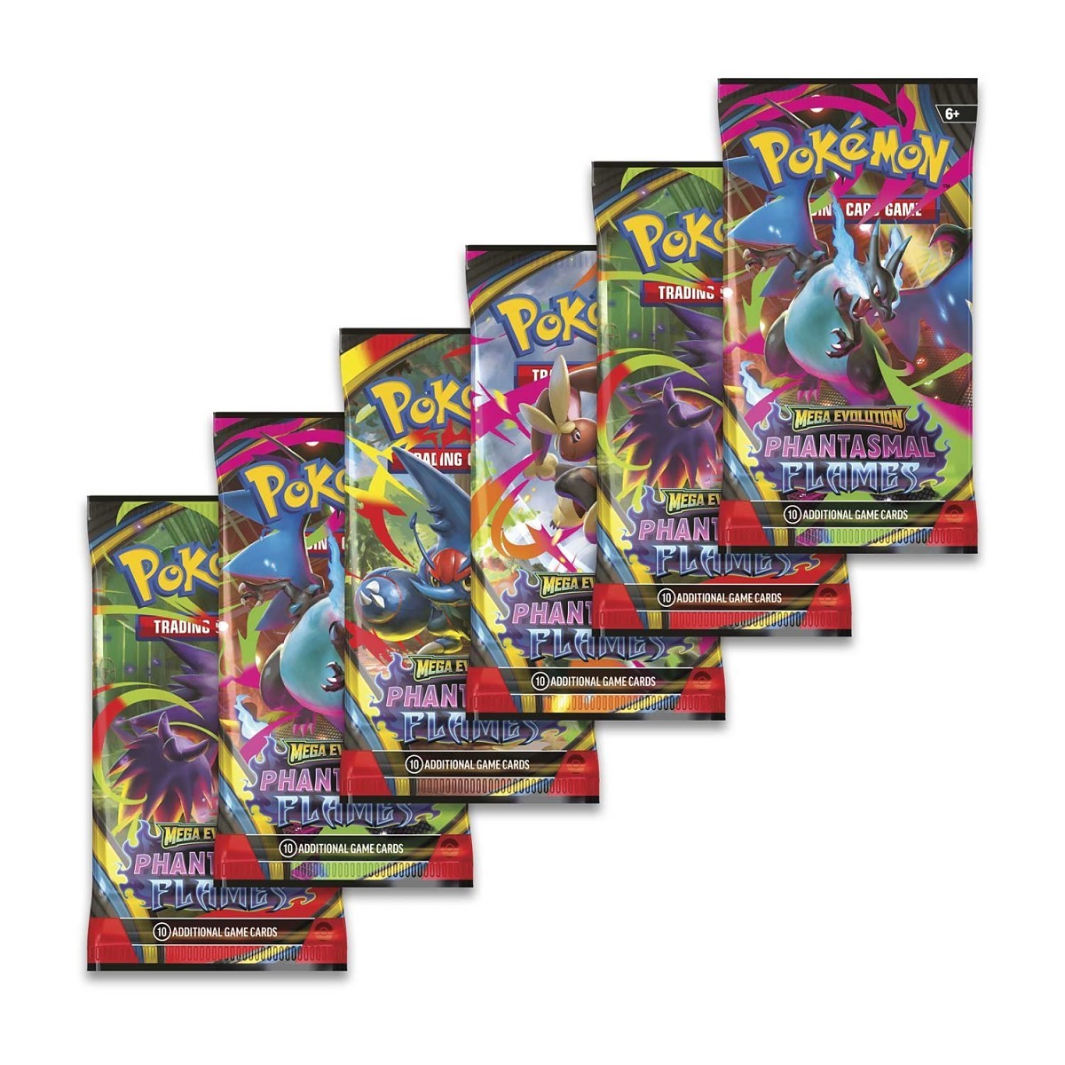 Pokémon trading card game mega evolutions phantasmal flames booster packs on a white background