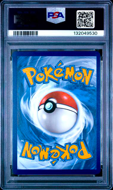 Pokémon trading card in a protective case with a PSA logo above it
