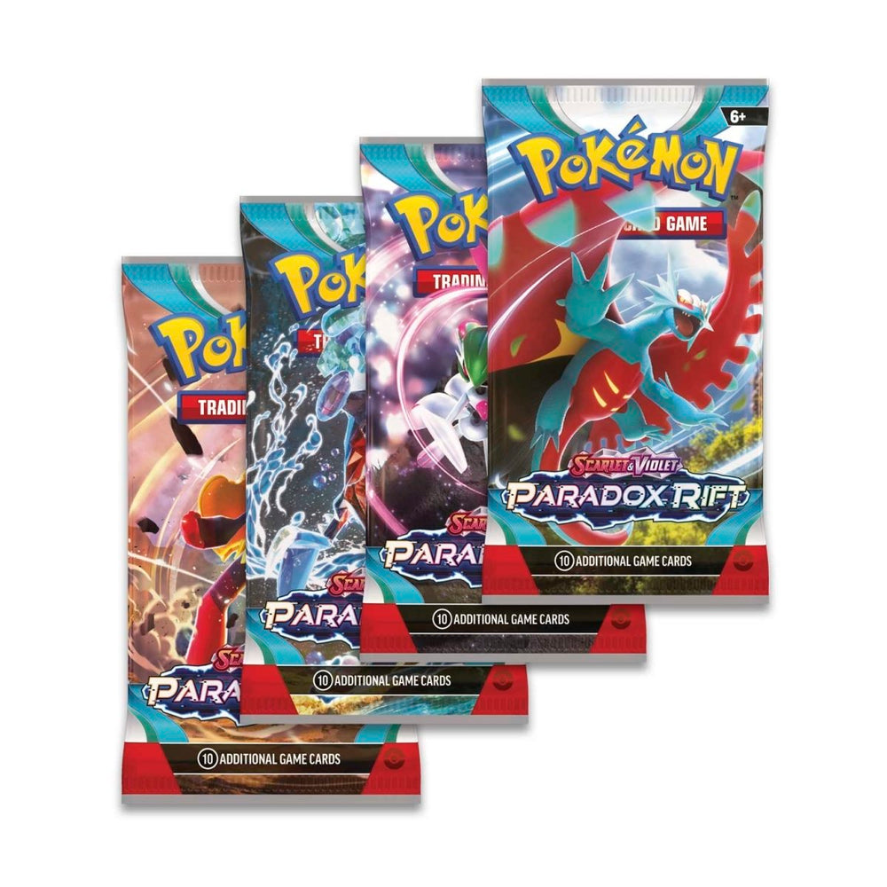 Three packs of Pokémon trading cards with colorful designs on a white background