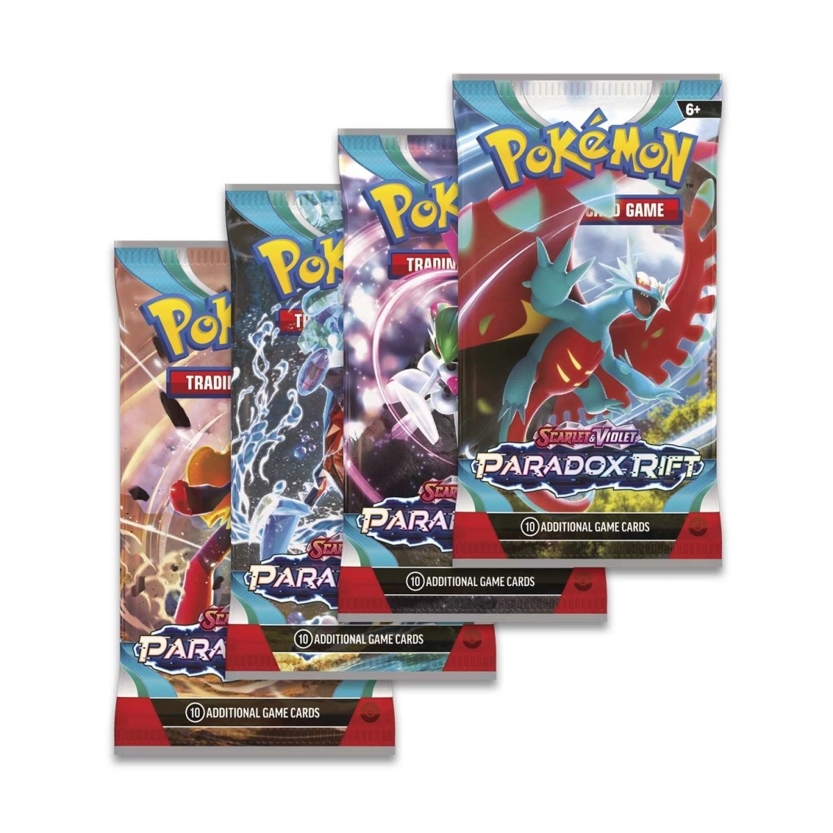 Three packs of Pokémon trading cards with colorful designs on a white background