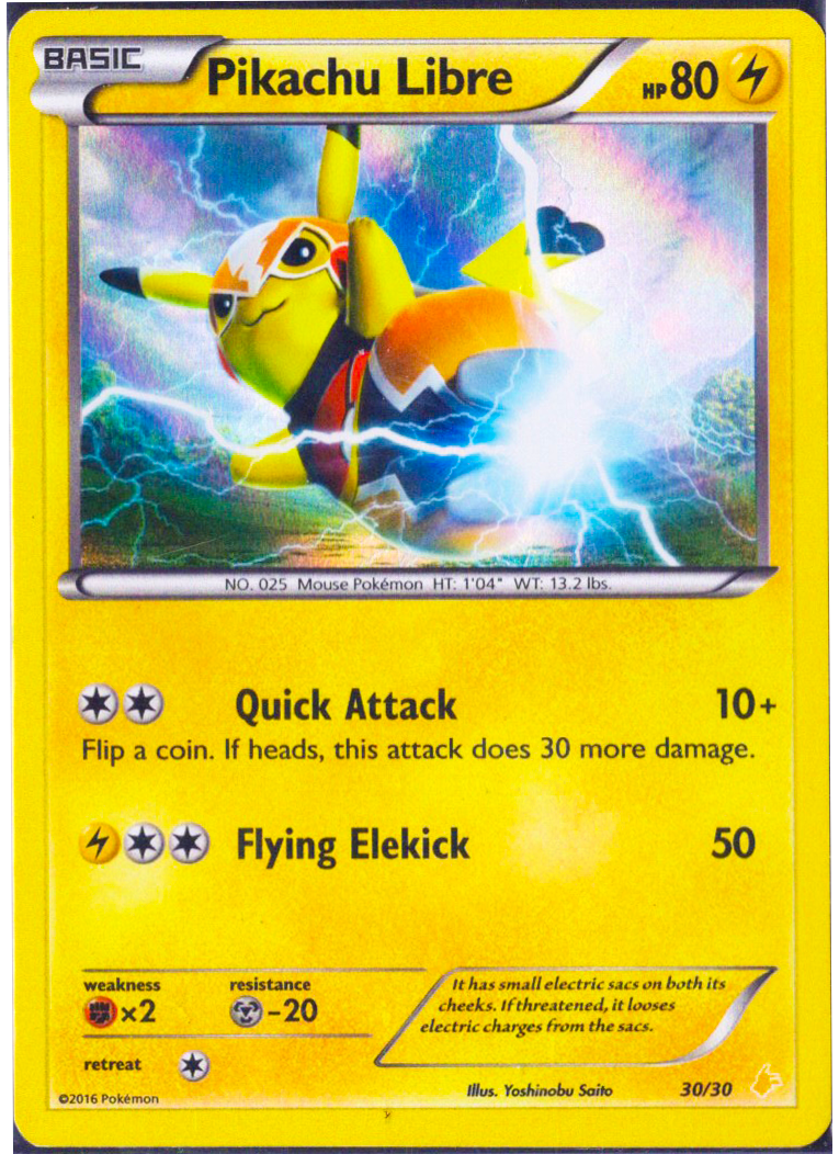 Pikachu Libre Pokemon Card with pikachu wearing a luchador mask
