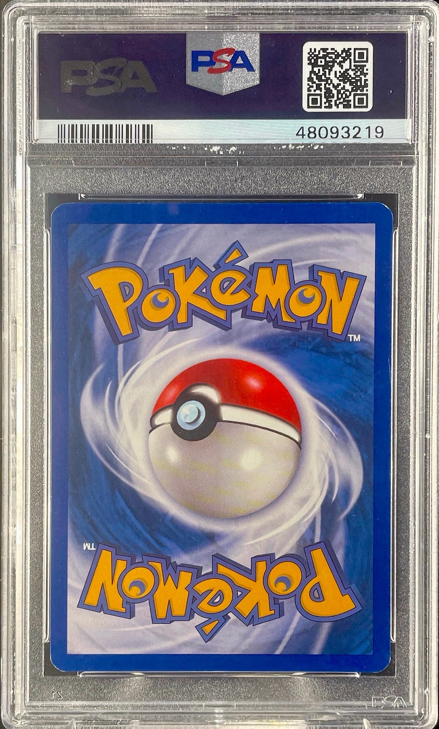 Pokémon trading card in a PSA protective case with Pokémon logo.