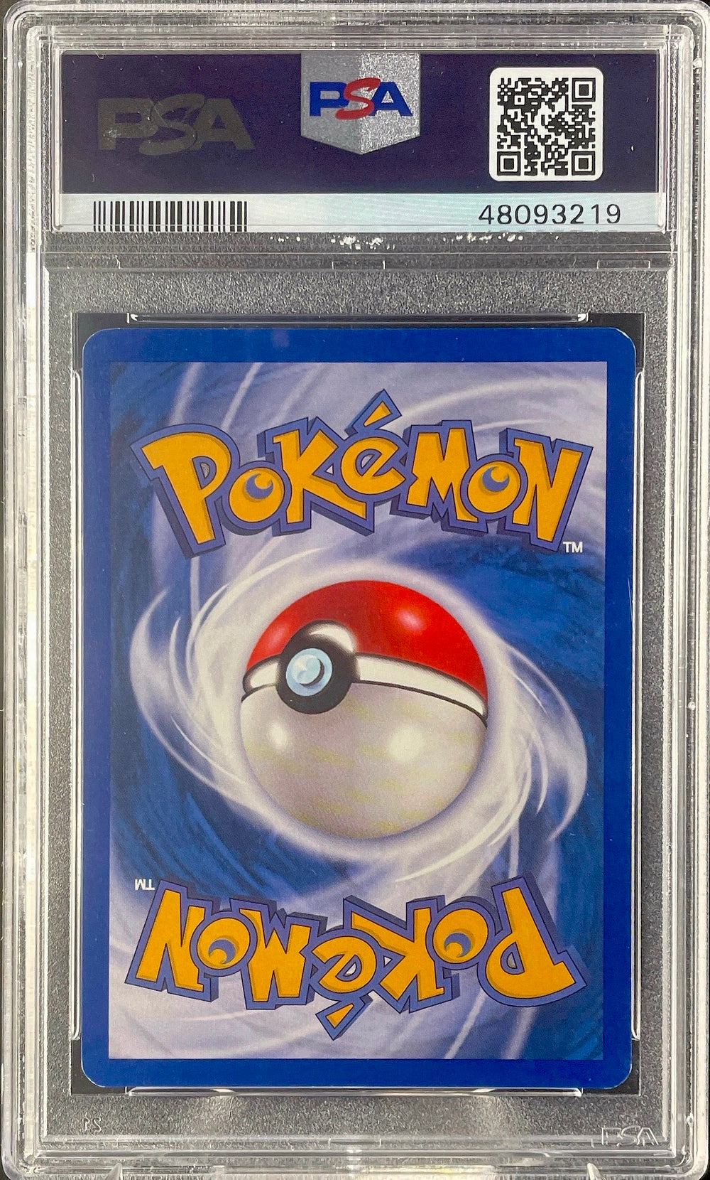 Pokémon trading card in a PSA protective case with Pokémon logo.
