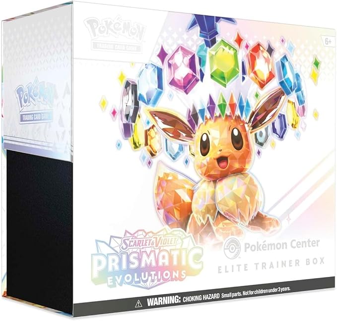 Pokémon trading card game box with a character and colorful gemstones on the packaging. Prismatic evolutions etb