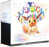 Pokémon trading card game box with a character and colorful gemstones on the packaging. Prismatic evolutions etb