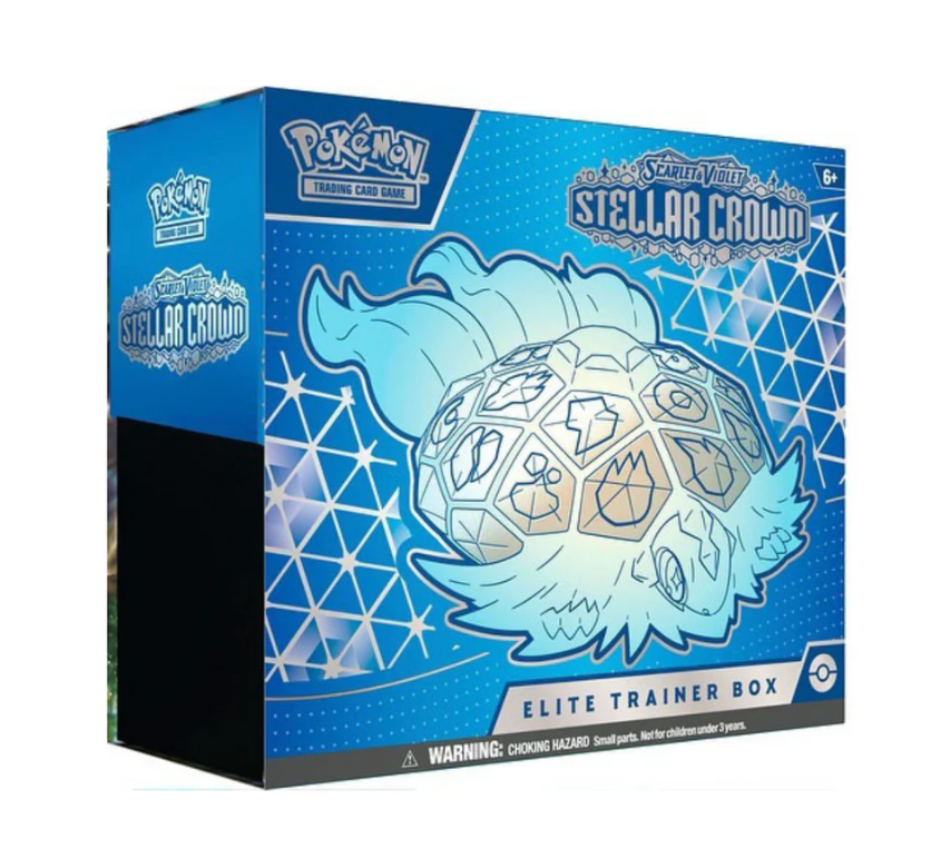 Pokémon Stellar Crown Elite Trainer Box packaging with blue and black design
