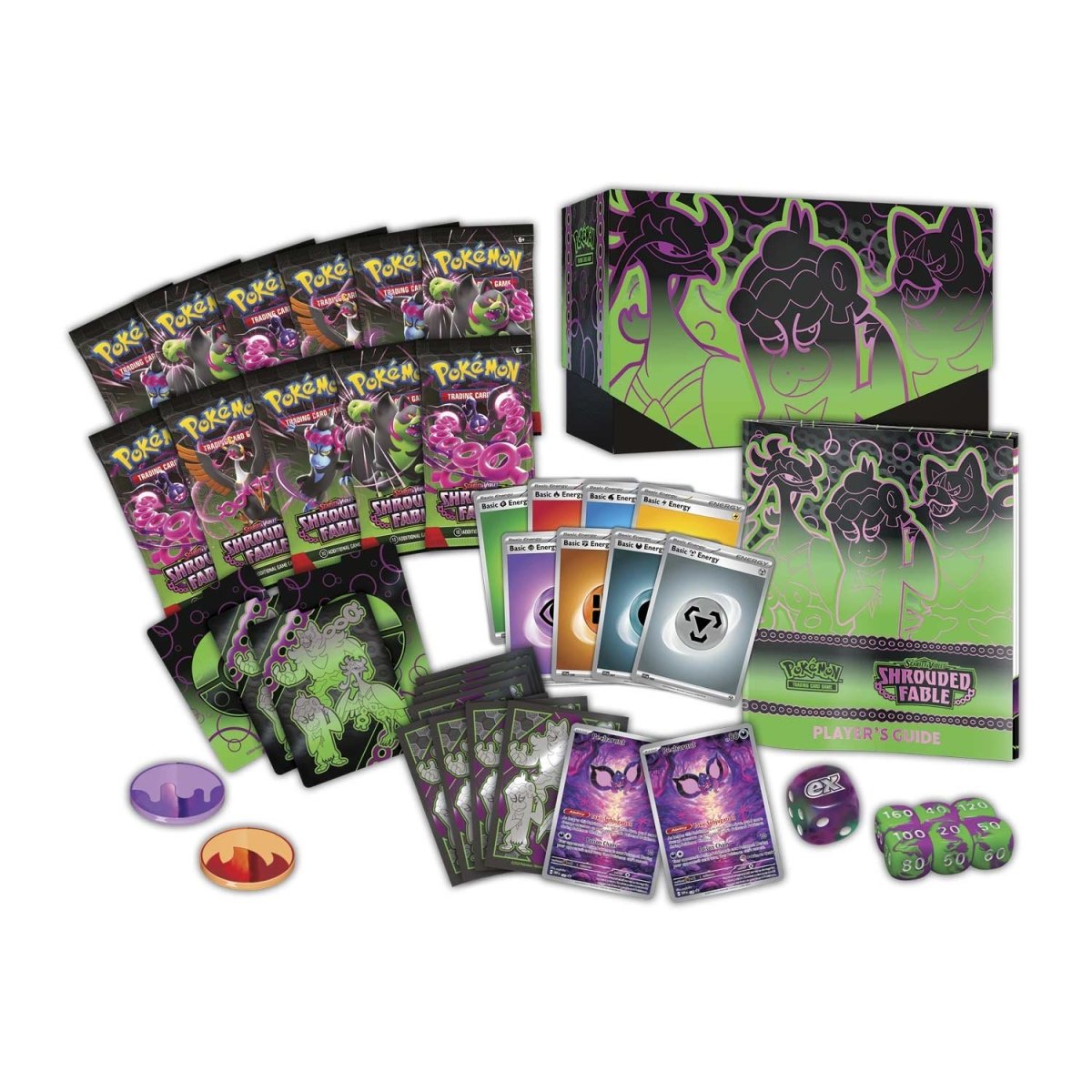 Collection of Pokémon trading cards and packaging on a white background shrouded fables etb