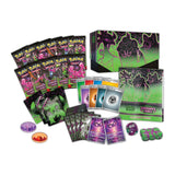 Collection of Pokémon trading cards and packaging on a white background shrouded fables etb