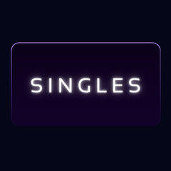 A purple button with the word singles in neon