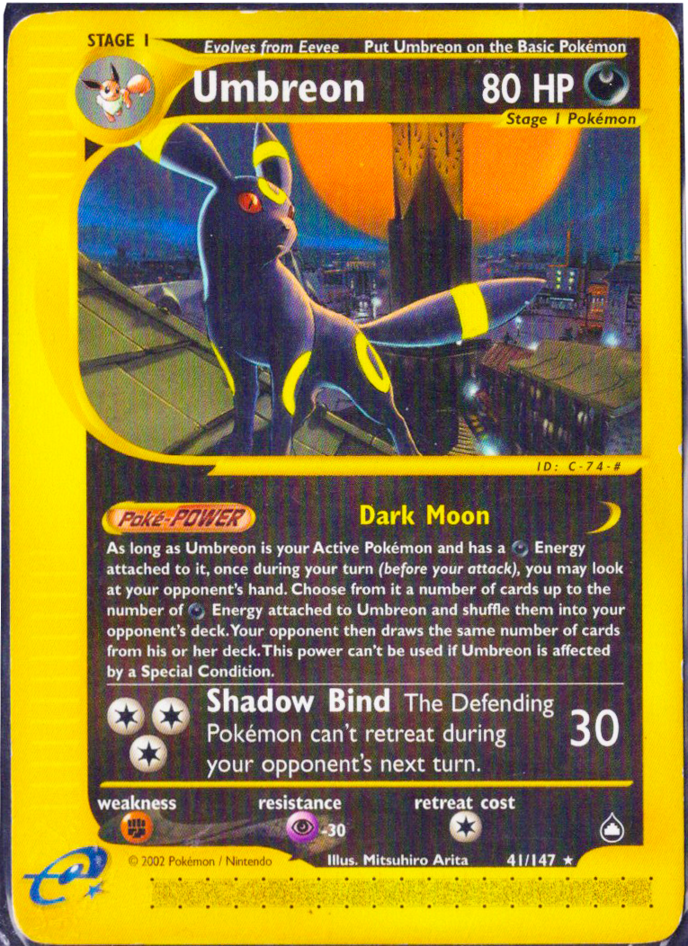 Pokémon trading card featuring Umbreon with a dark moon effect