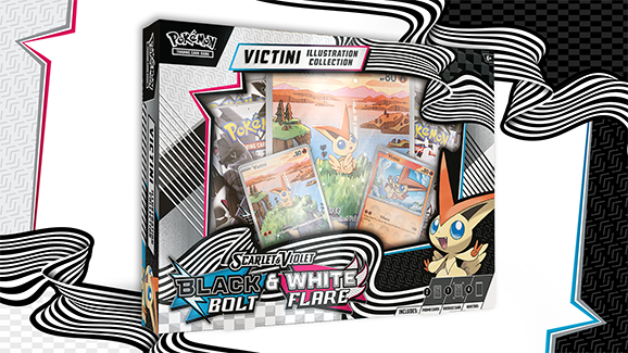 Pokémon trading card game box featuring Victini illustration collection with black and white abstract design elements.