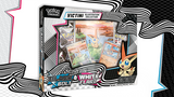 Pokémon trading card game box featuring Victini illustration collection with black and white abstract design elements.