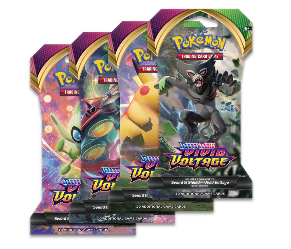 4  vivid voltage booster packs with varying pokemon
