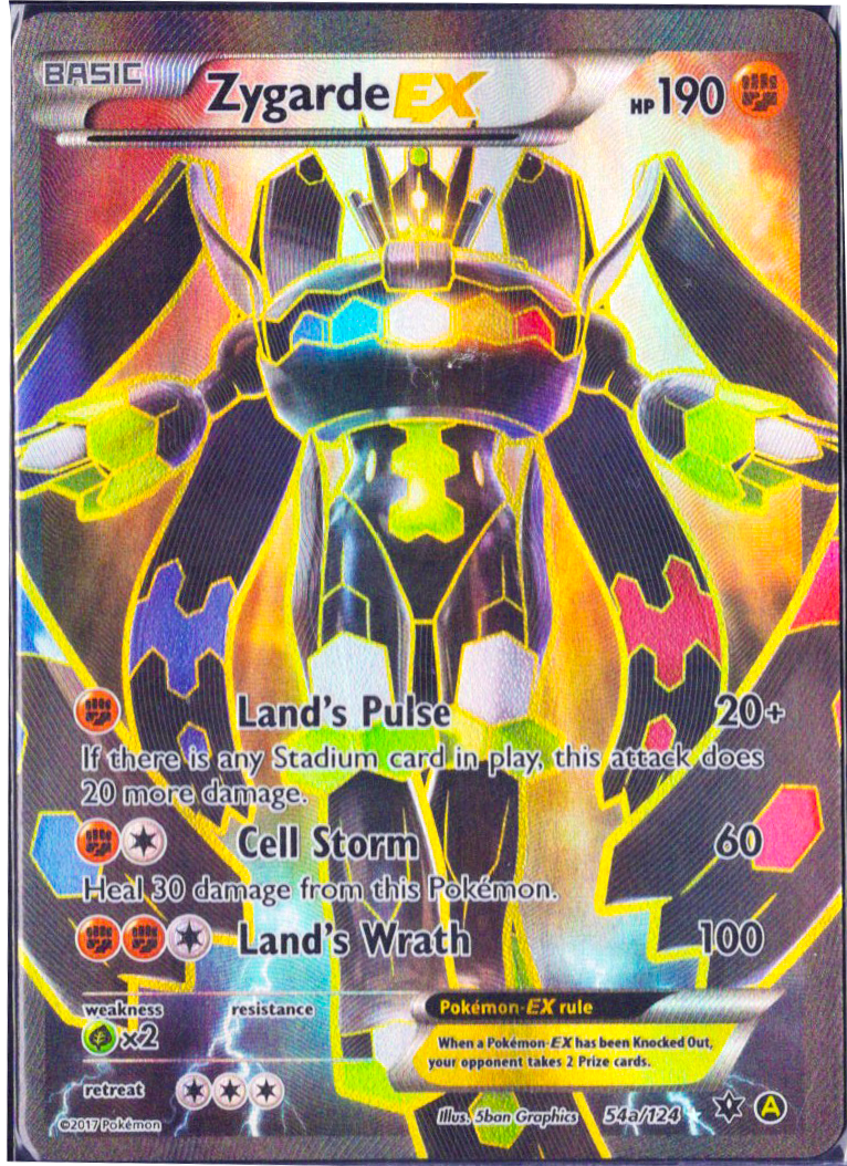 Pokémon trading card featuring Zygarde EX with colorful design and text.