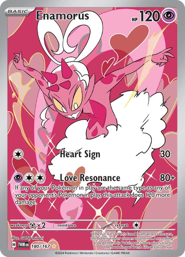 Pokémon trading card featuring Enamorus with pink and white design