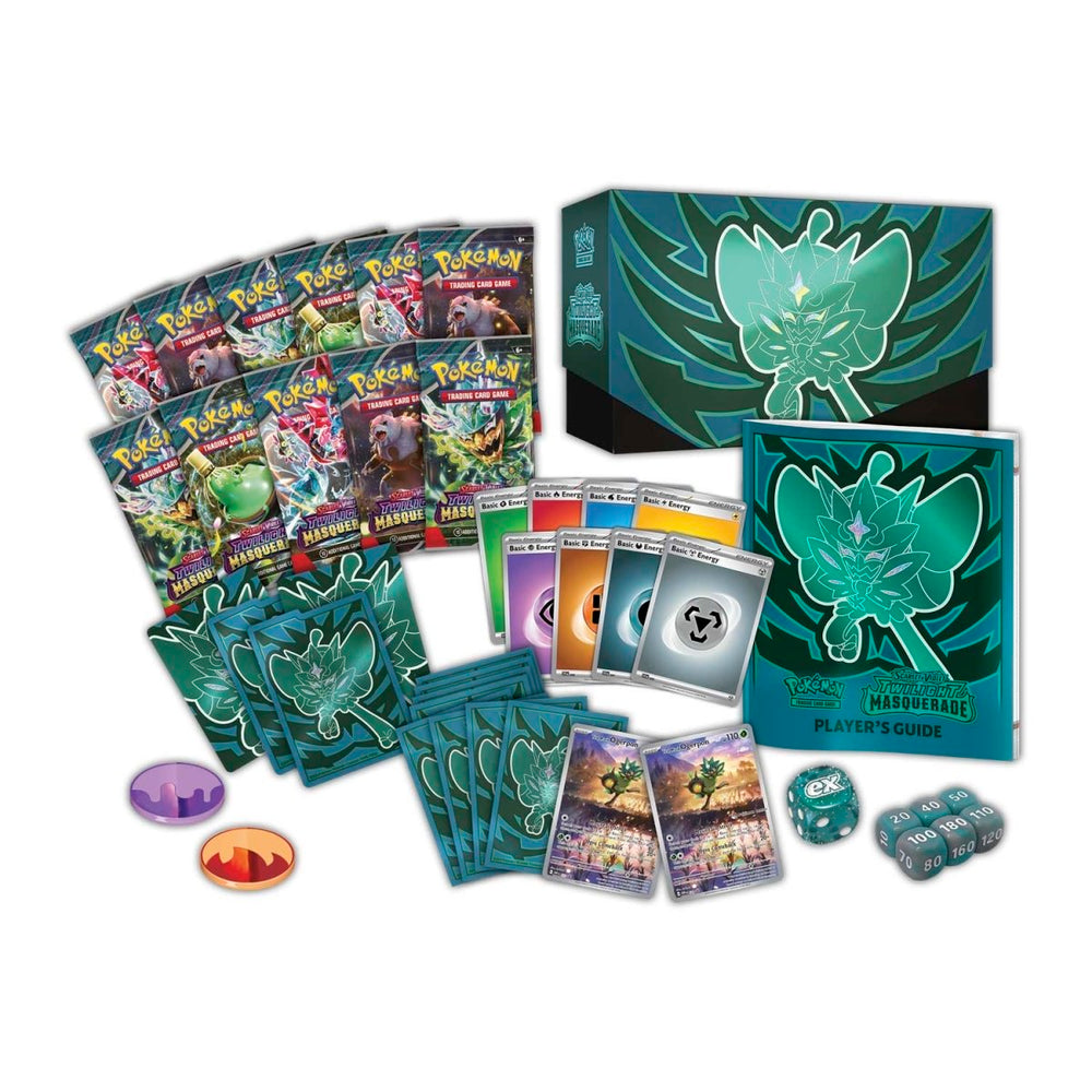 Collection of pokemon trading card packs and packaging with a prominent character design on a white background from the twilight masquerade set
